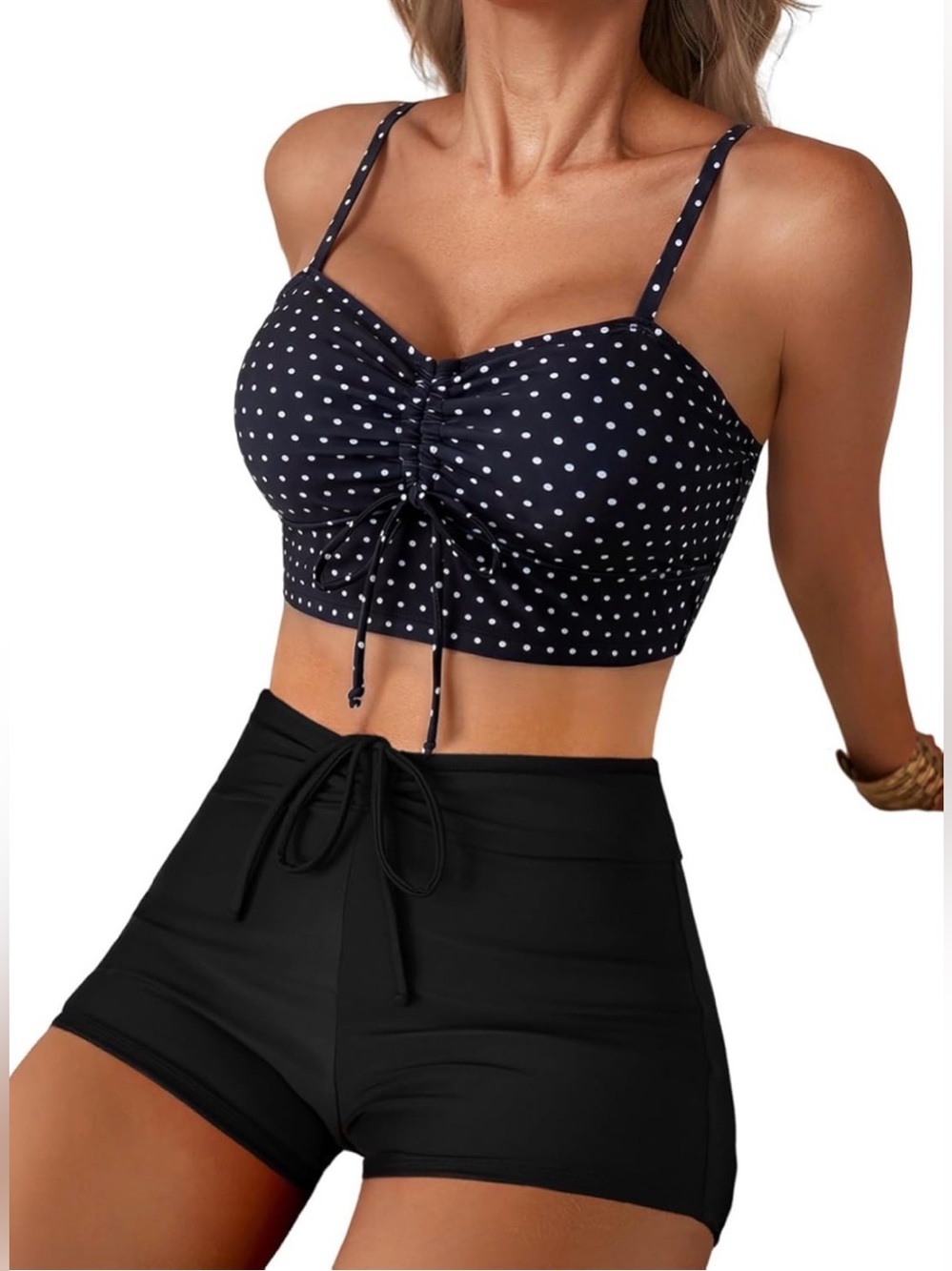 0115: Polka Dot Ruched Crop Bikini Top & Black High Waist Swim Shorts